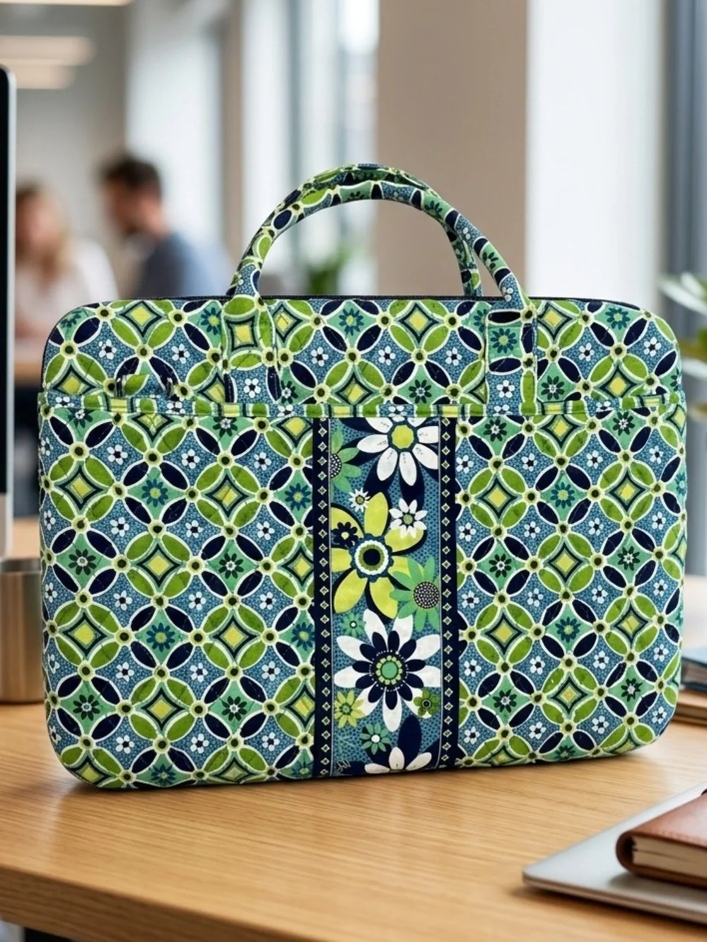 Vera Bradley Quilted Laptop Bag Case Limes Up Green Blue Floral Geometric Cotton